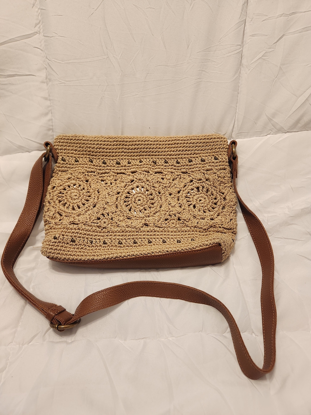 The Sak Beige Crochet Crossbody with Brown Trim